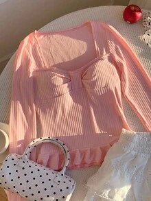 Comfortcana 女式纯色甜心领长袖褶皱罗纹时尚T恤 - 粉色 - 查看 4