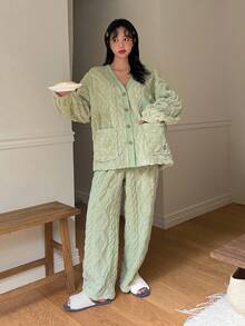 DAZY Solid Button Through Dual Pocket Drop Shoulder PJ Set Fall,Winter Cozy Clothes, Fluffy Pajama - Green - View 1