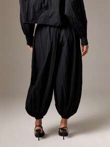 女士高腰阔腿裤宽松梭织哈伦裤休闲舒适家居服 - 黑色 - 查看 2