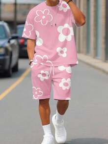 Manfinity Homme Casual Men's Round Neck Co-Ords In Pink With Bold Floral Graphic Pattern - Pink - View 1