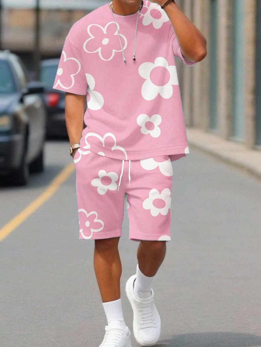 Manfinity Homme Casual Men's Round Neck Co-Ords In Pink With Bold Floral Graphic Pattern - Pink - View 1