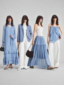 Ontre 2025 New Women's Skirt, Autumn/Winter, Modern Urban Style, Blue, Elastic Waist Loose Fit, Business Casual, Commute, Daily Wear, Christmas, Halloween, Holiday, Party, Fitted, Pleated Design, Transparent, Women Office, Wedding Guest Attire, Versatile - Green - View 2