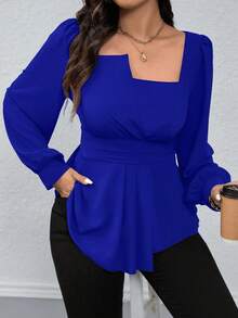SHEIN LUNE Plus Size Square Collar Solid Color Ruffled Hem Casual Long Sleeve Shirt, For Christmas Peplum Top - Royal Blue - View 5