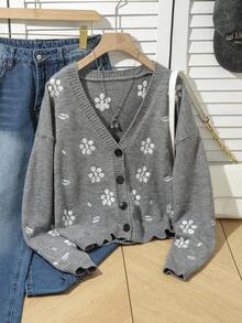 INAWLY Women's Casual Floral Embroidery Button Front Dolman Cardigan, Autumn/Winter - Grey - View 3