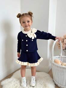 Souflis Souflis Baby Girls' Sweet Sweater Sets - 3D Bows, Ruffles, Loose Versatile Knit, Cardigan + Skirt, Long-Sleeve,Suitable For Autumn/Winter Baby Girl Sweater Set Baby Girl Navy Dress Baby Girl Two Piece Outfit Toddler Girl Navy Outfit Baby Girl Fall Outfit