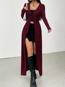SHEIN EZwear 秋冬大码勃艮第纯色修身休闲开衫 - 酒紅色 - 查看 1