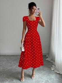 Elenzga Women's Elegant Polka Dot Print Ruched Waist Square Neck Short Sleeve Maxi Dress - Red - View 4