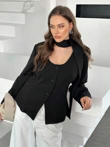 Modelyn 大码女式优雅飘逸长袖黑色领带夹克 - 黑色 - 查看 4