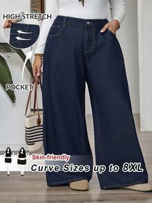 SHEIN CURVE+ 大码纯色休闲宽松牛仔裤 - 藍色 - 查看 2