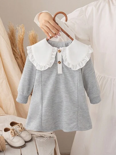 SHEIN 女婴灰色长袖连衣裙，超大领口，荷叶边下摆设计，秋冬休闲风格