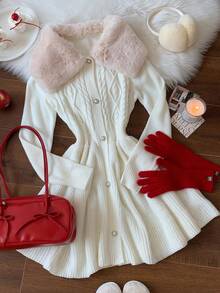 Comfortcana Váy len cổ lông chắp vá họa tiết dây thừng dành cho nữ, Thu/Đông - Màu be - Xem 1