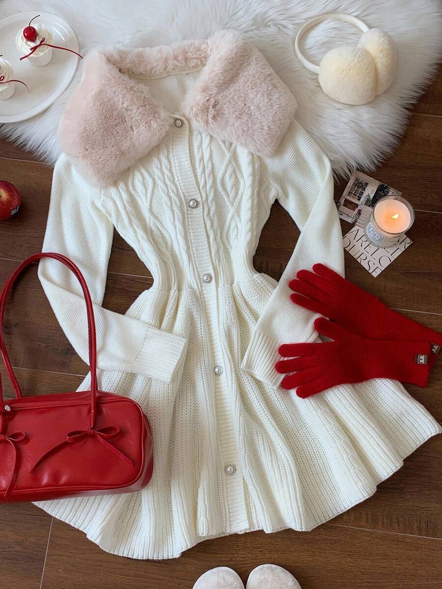 Comfortcana Váy len cổ lông chắp vá họa tiết dây thừng dành cho nữ, Thu/Đông - Màu be - Xem 1