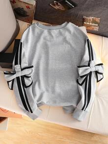 SHEIN 1pc Tween Girls Oversized Crew Neck Long Sleeve Sweatshirt, Loose Fit With Detachable Bowknot Cuff Decoration, Casual Pullover For Autumn Fall Winter - Grey - View 2