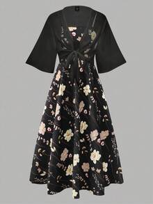 SHEIN Franclia 大码女式碎花雪纺连衣裙和开衫两件套，优雅夏日 - 黑色 - 查看 6