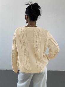 Aloruh Women's Casual Crew Neck Long Sleeve Sweater With Cable Pattern, Autumn/Winter - Apricot - View 2
