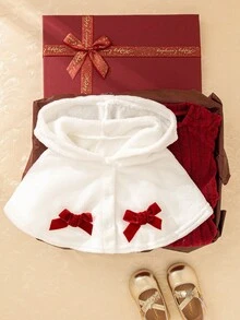 SHEIN 1 套女孩优雅秋冬装 - 酒红色长袖连衣裙 + 白色蓬松蝴蝶结斗篷，2 件 - 紅白色 - 查看 7