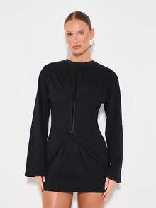 KIZN Váy mini tay dài họa tiết corset có khóa kéo phía trước cho buổi tối đi chơi - màu đen - Xem 6
