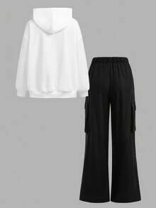 SHEIN Girlism 少女白色印花连帽衫和工装裤套装 - 黑與白 - 查看 2