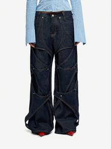 SUMWON WOMEN 棉质阔腿牛仔裤，采用贴花细节和解构设计，打造时尚前卫的秋季风格 - 寶藍色 - 查看 3