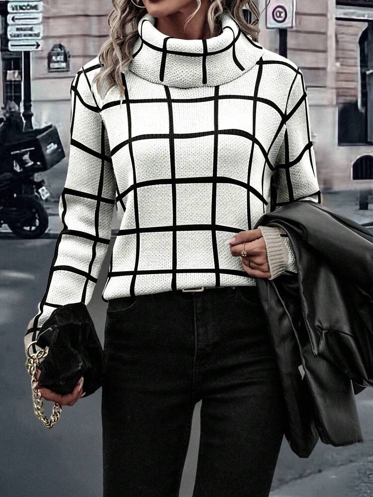 EMERY ROSE Women's Fashion Casual Plaid Print Turtleneck Long Sleeve Sweater, Christmas - White - View 1