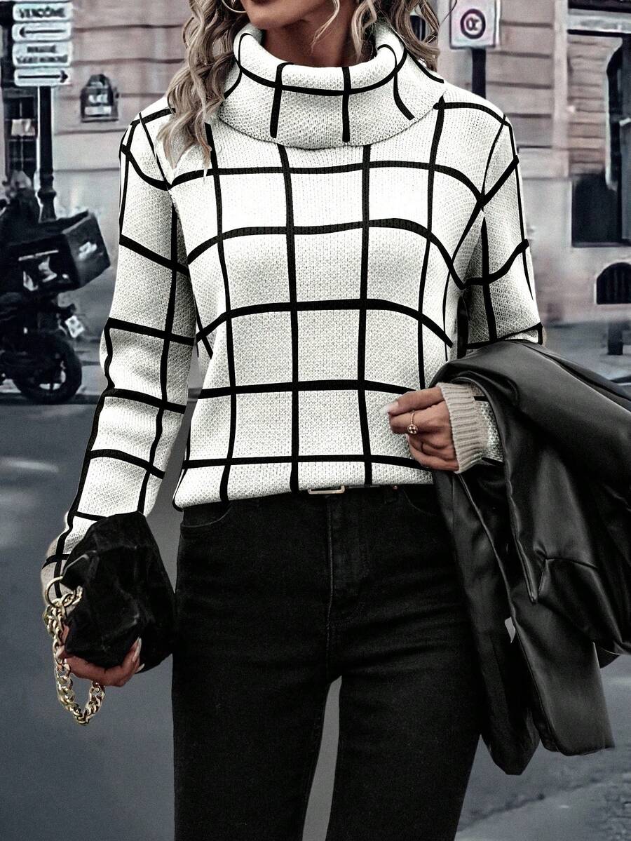 EMERY ROSE Damen Mode Lässig Karomuster Rollkragen Langarm Pullover