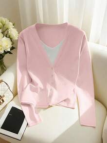 Franclia 新款轻薄圆领套头毛衣，修身剪裁，短款粉色开衫，简约设计，清新优雅，通勤百搭，春秋季 - 淺粉色 - 查看 6