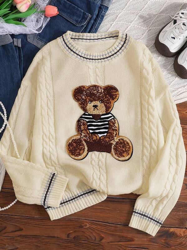 SHEIN Teen Girls' Crew Neck Loose Knit Sweater Top, Cute Bear Graphic, Textured Rib Knit, Casual School Style In Fall/Winter