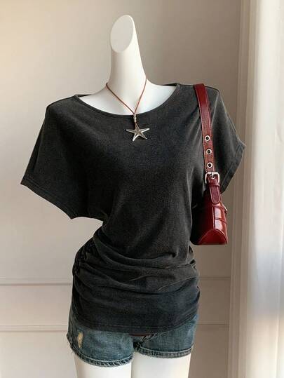 SHEIN EZwear Grey Washed Casual Women's Raglan Sleeve Off Shoulder Crew Neck T-Shirt, Back To School,Gothic Women Clothes,Street Wear, Going Out Tops ,