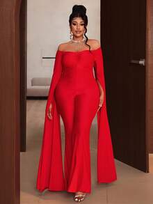 Maweii جمبسوت حمراء مثيرة للمقاسات الكبيرة بالكتف المكشوف، مثالية لحفلة رأس السنة الجديدة.