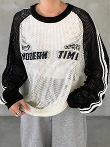 FRIFUL Women's Letter Print Sporty Contrast Stripe Patchwork Knit Top - Black - View 2