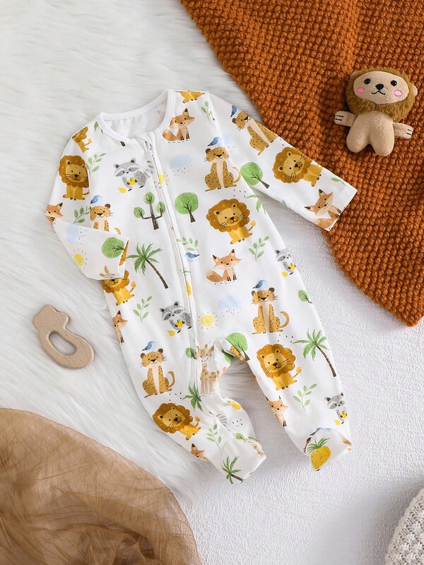 Cozy Pixies Pelele de manga larga con cuello redondo, suave y con estampado de animales de dibujos animados para bebé recién nacido niño/niña