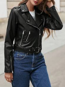 EURMUSE Zip Up Belted PU Leather Moto Jacket - Black - View 2