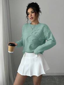 Elenzga Women's Crew Neck Floral Pattern Solid Color Pullover Sweater - Mint Green - View 4