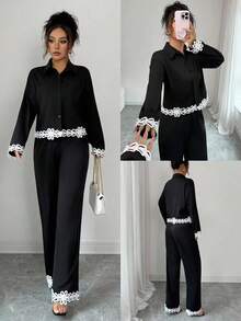 Elenzga 2pcs Women's Collared Floral Lace Patchwork Shirt And Pants Set - Black - View 1