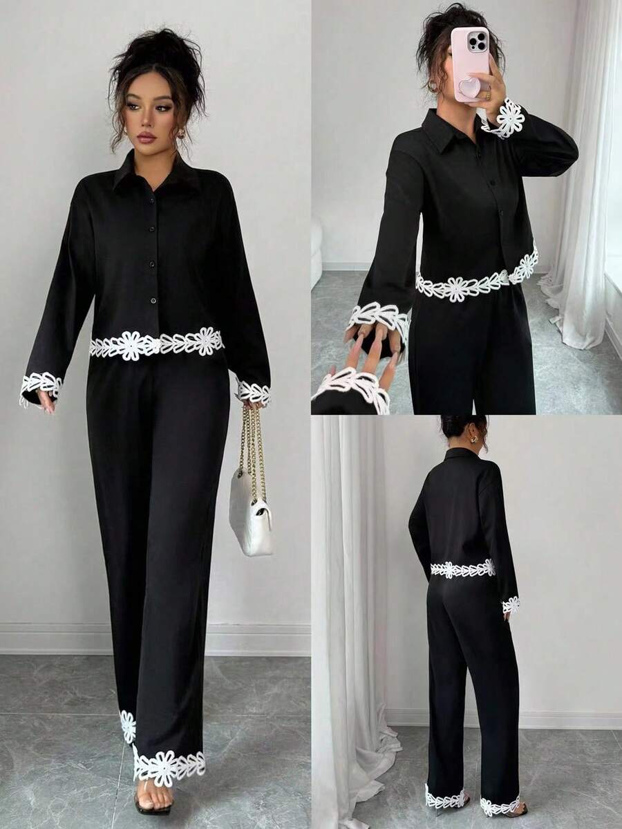 Elenzga 2pcs Women's Collared Floral Lace Patchwork Shirt And Pants Set - Black - View 1