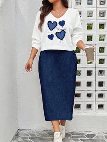EMERY ROSE Plus Size Women Heart Print Sweatshirt Dress 2 Pieces Set, Casual For Autumn/Winter 2 Piece  Sets Woman Skirt Set Two Piece Set Women Skirt Skirt Set 2 Piece Sets Woman 2 Piece Casual Sets Woman 2 Piece Sets Woman Skirt Women Skirts
