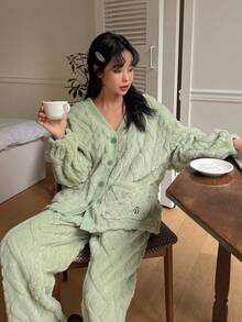 DAZY Solid Button Through Dual Pocket Drop Shoulder PJ Set Fall,Winter Cozy Clothes, Fluffy Pajama - Green - View 3