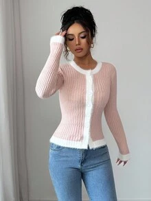 Elenzga Autumn/Winter French Style Pearl Button Faux Mink Fur Patchwork Round Neck Ribbed Knit Slim Fit Colorblock Cardigan - Pink - View 5