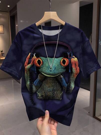 Manfinity Dauomo Camiseta de cuello redondo de manga corta con estampado de animal de dibujos animados con auriculares, estilo callejero versátil para hombre, verano