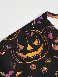 PopScrub 万圣节霓虹渐变南瓜和蜘蛛网卡通全身印花 V 领短袖上衣，女士休闲护理制服衬衫和裤子套装 - 彩色 - 查看 6