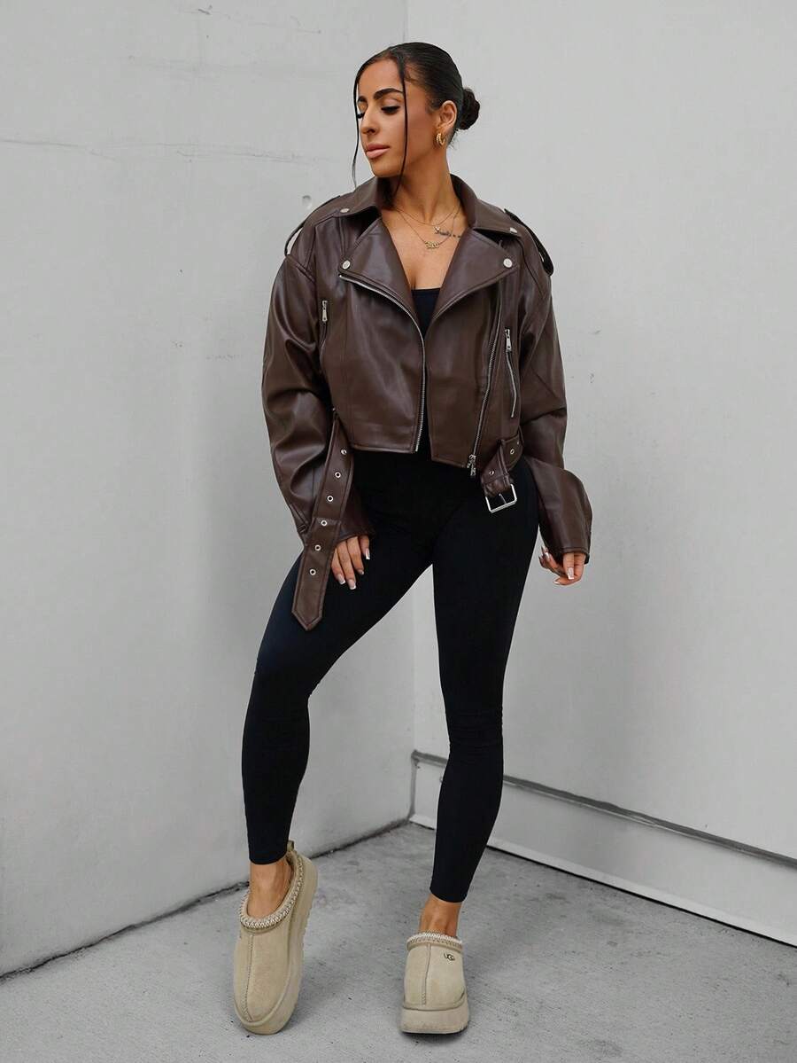 SAYEHFBABY 女士纯色简约休闲长袖夹克 - 棕色 - 查看 1