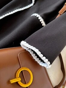 优雅休闲黑色外套，适合青春期女孩，白色蕾丝边，修身剪裁，精致衣领，时尚别致 - 黑色 - 查看 4