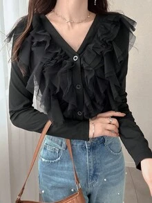 FRIFUL 女式黑色纯色 V 领褶皱分层网眼装饰长袖修身百搭 T 恤，秋季 - 黑色 - 查看 6