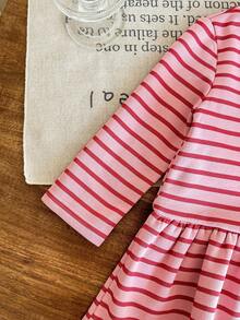 SHEIN LMoss Kids Baby Girl Round Neck Striped Long Sleeve Ruffle Hem Casual Dress Fall Winter - Multicolor - View 3