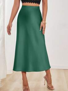 SHEIN PETITE Women's Elegant Versatile Satin Skirt Green Midi Skirt Green Skirt Elegant Midi Skirt Satin Midi Skirt Slip Midi Skirt - Army Green - View 4