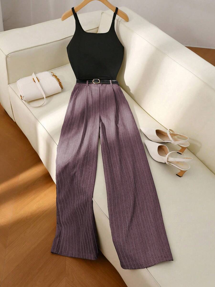 Franclia Camiseta de tirantes casual para mujer, Pantalones rectos casuales a rayas para mujer - Rojo - Ver 1