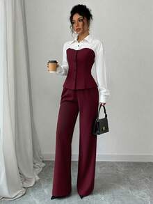 Rafferiza 2pcs/Set Contrast Color Block Slim Fit Shirt And Pants