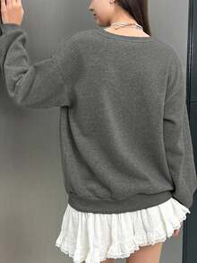 INAWLY 女式休闲宽松圆领长袖卫衣，饰有腊肠犬刺绣，秋冬款 - 灰色 - 查看 2