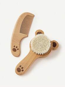 Cozy Pixies 2 Pieces Set Of Baby Care Tools, Wool Bear Wooden Comb Brush, Gift Box Set, Newborn Comb Brush.