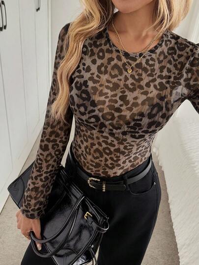 Easowa Blusa elegante y relajada con cuello redondo y estampado de leopardo vintage para mujer